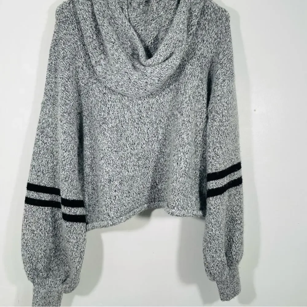 ONZIE Gray Black Varsity Striped Blouson Sleeve Chunky Knit Hoodie Sweater OS